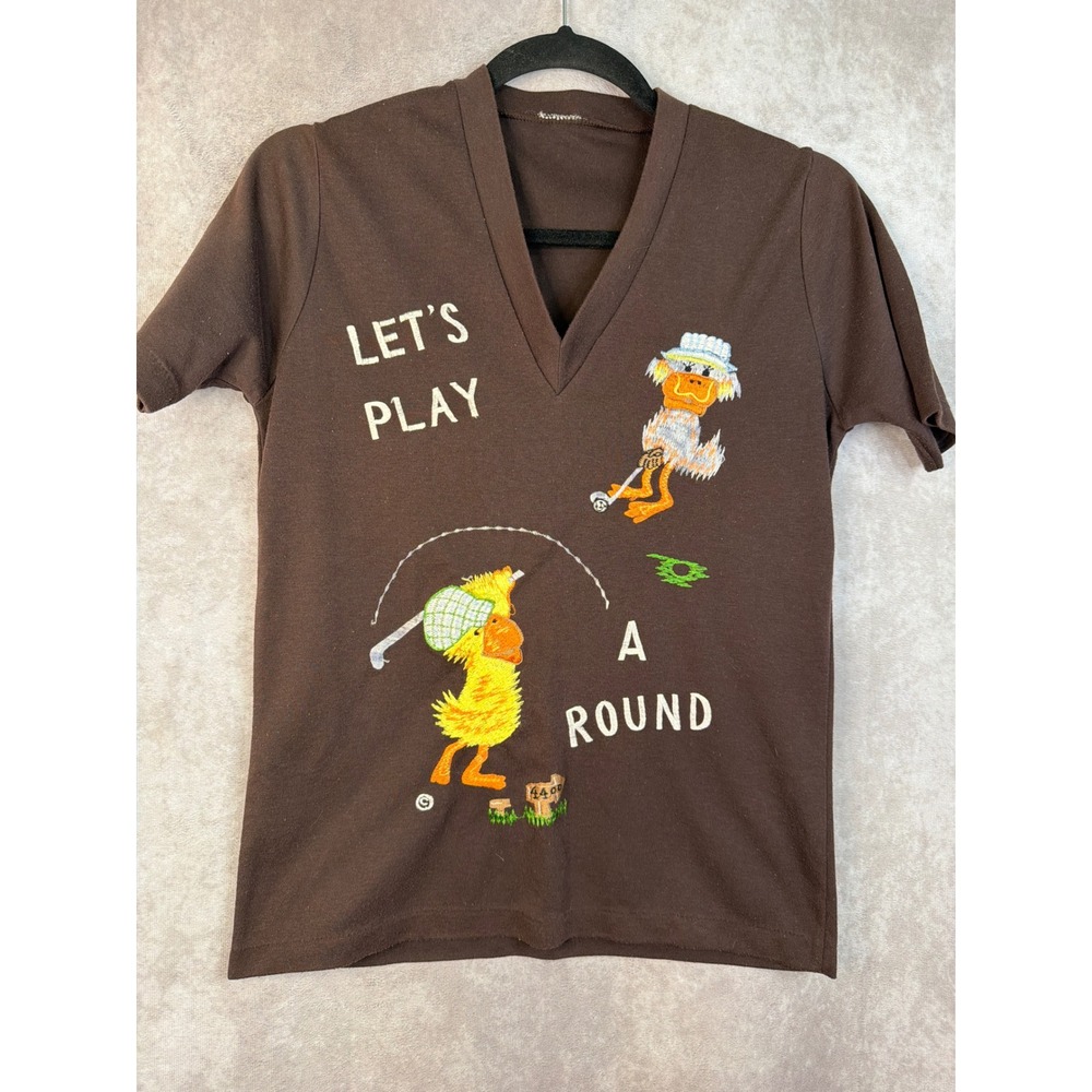 VTG Shirlee‎ Designs Let's Play A Round Golfing Ducks Embroidered VNeck Sz S